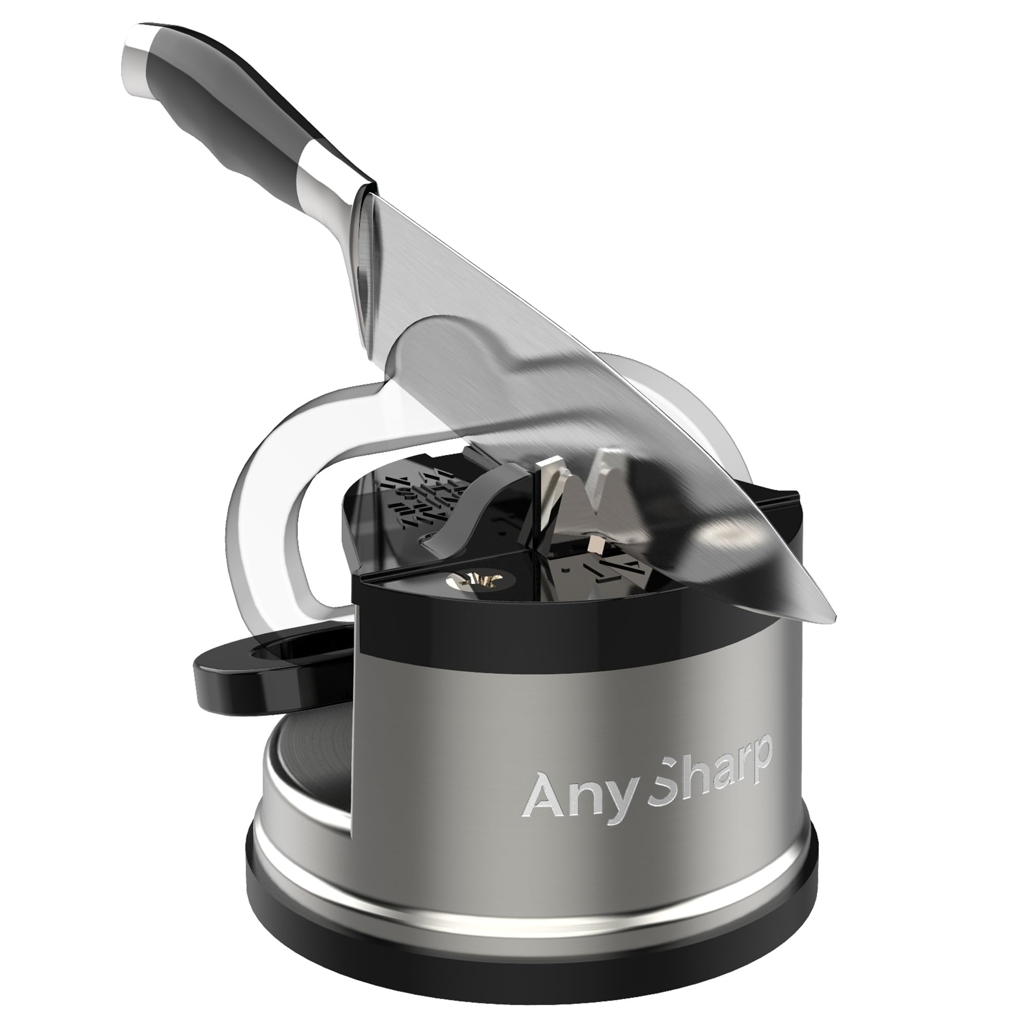 AnySharp Pro Metal Knife Sharpener demonstrates serrated blade sharpening for bread and outdoor knives.