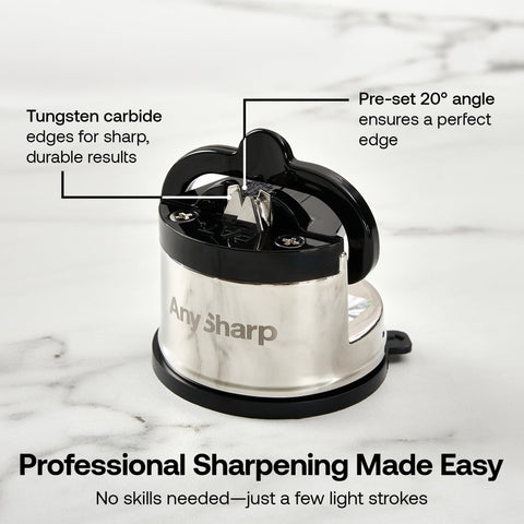 AnySharp Pro Metal Knife Sharpener shows PowerGrip suction securing to a surface for safe use.