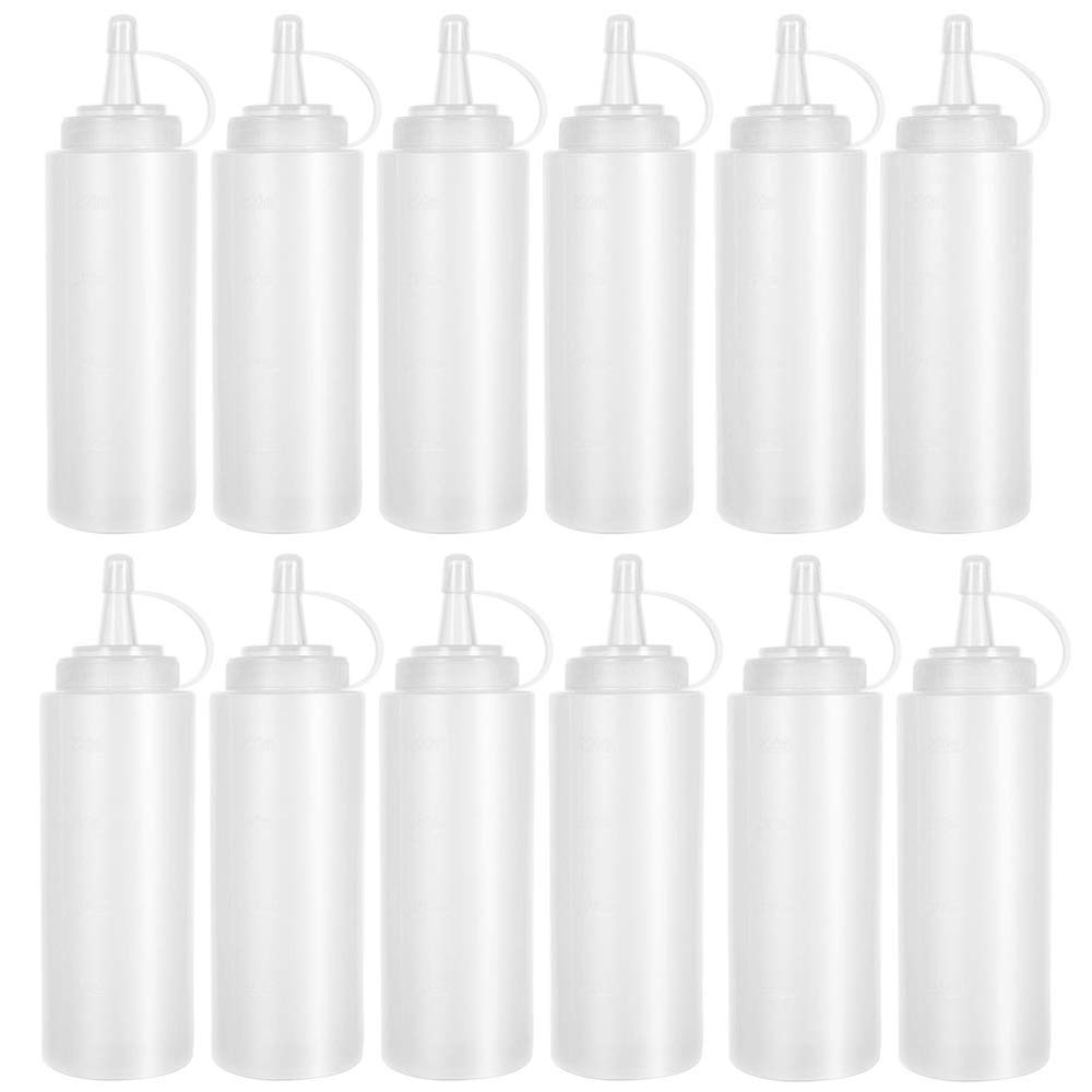 Anyumocz twelve-pack 8 oz squeeze bottle with cap lids for versatile condiments.