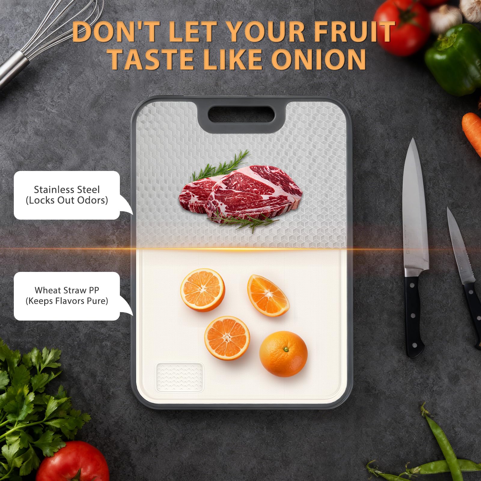 ANYZONE cutting board wheat straw side for vegetables, BPA-free surface, knife-friendly.