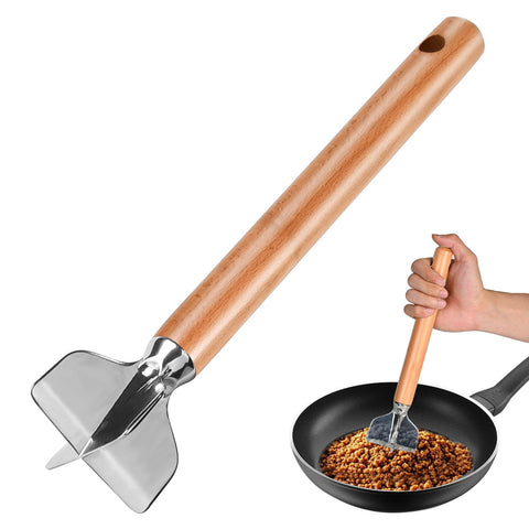 ANZIUS stainless steel meat chopper with wooden handle for efficient ground beef prep.