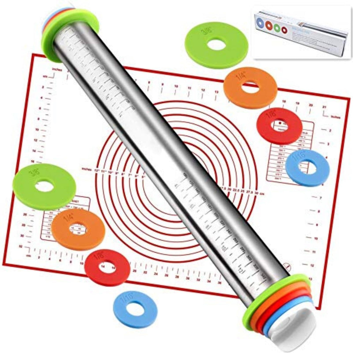 AOAONIU rolling pin with adjustable rings for precise dough thickness