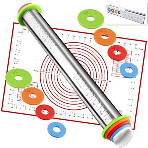 AOAONIU rolling pin with adjustable rings for precise dough thickness