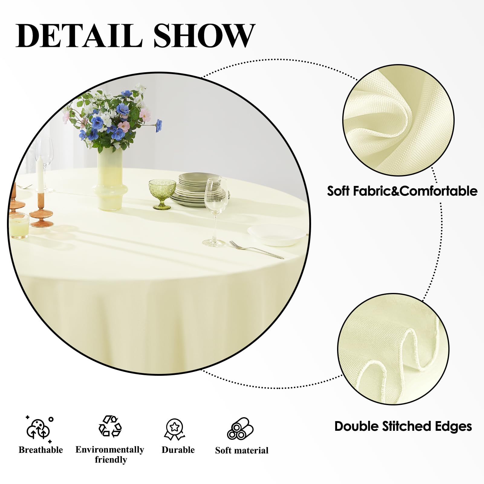 Aocoz ivory round tablecloth showing washable polyester fabric