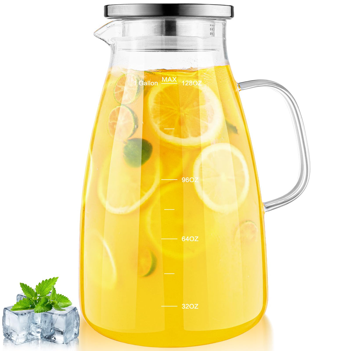 Aofmee 1-gallon glass pitcher with lid and spout for easy serving.
