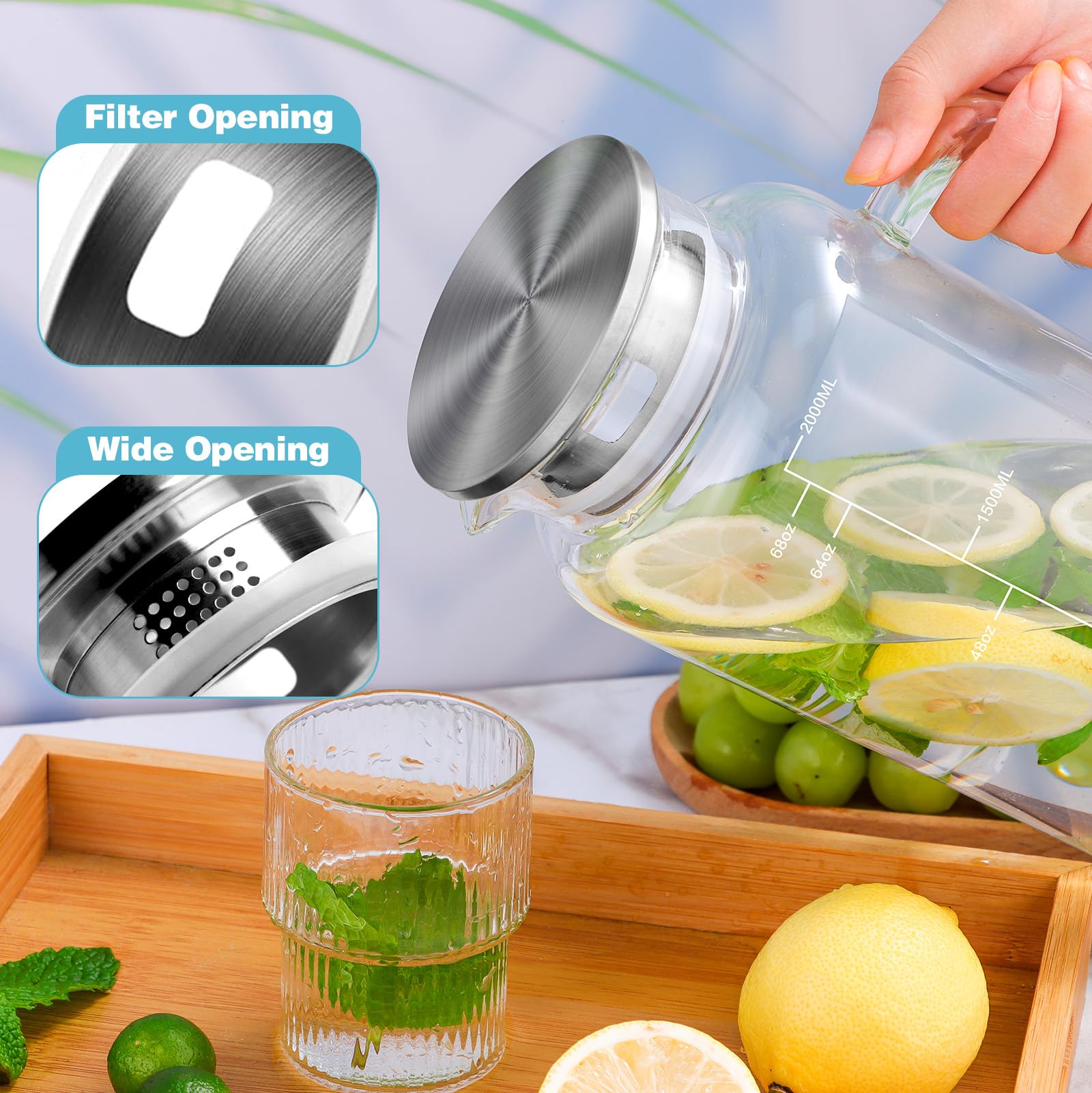 Aofmee 68oz glass pitcher ergonomic handle provides a comfortable grip during pours.