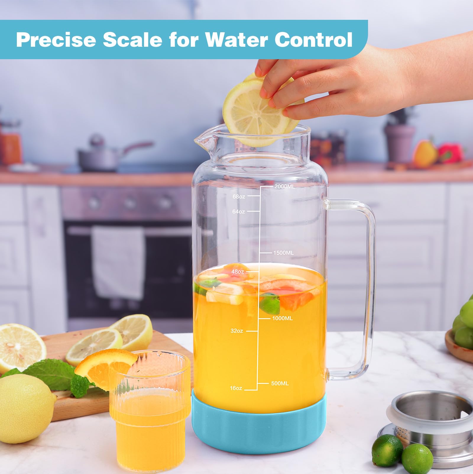 Aofmee glass pitcher lid in 180-degree pour mode for wider pouring spout.