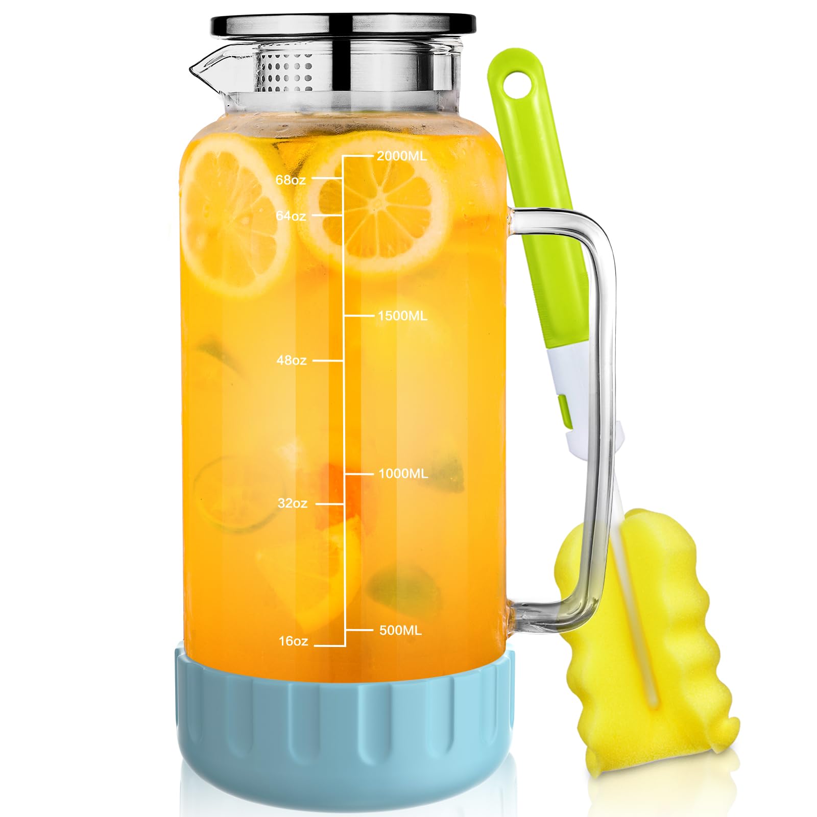 Aofmee 68oz glass pitcher with silicone base for stable, slip-free placement on any surface.