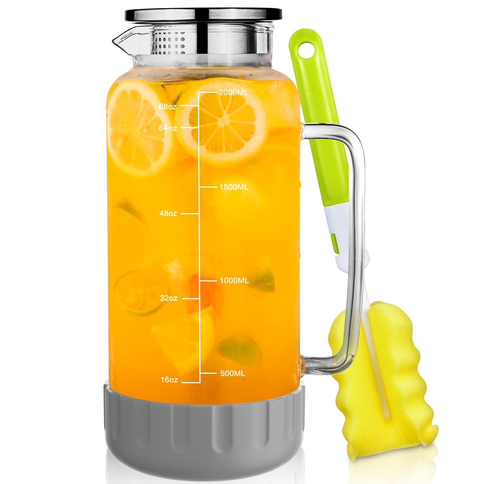 Aofmee 68oz glass pitcher with lid, clear view for easy beverage prep.