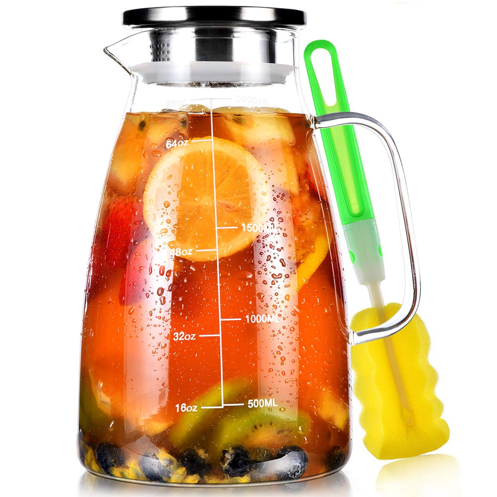 Aofmee glass pitcher showing 68oz capacity for family servings.