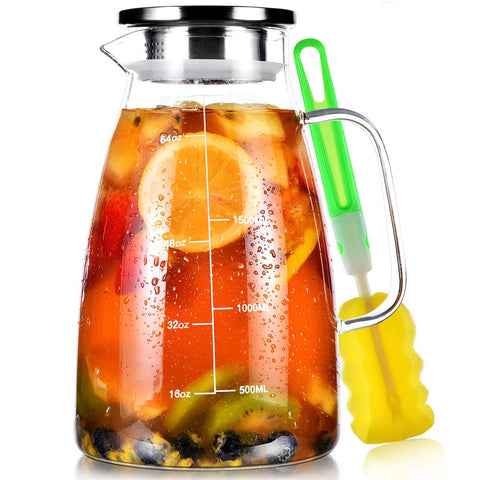 Aofmee glass pitcher showing 68oz capacity for family servings.
