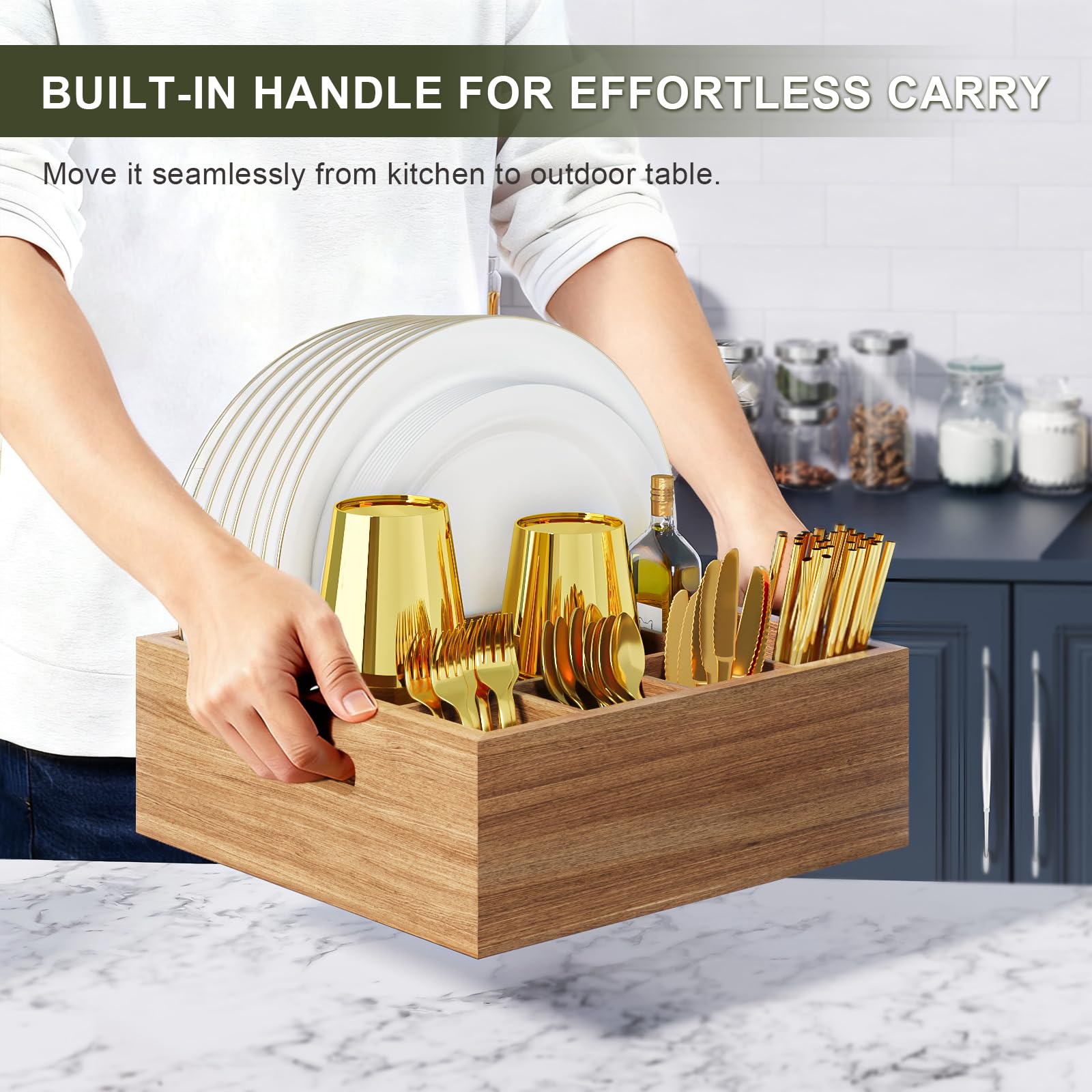 Aofure acacia caddy supports paper plates and utensils neatly.