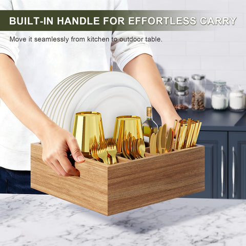 Aofure acacia caddy supports paper plates and utensils neatly.