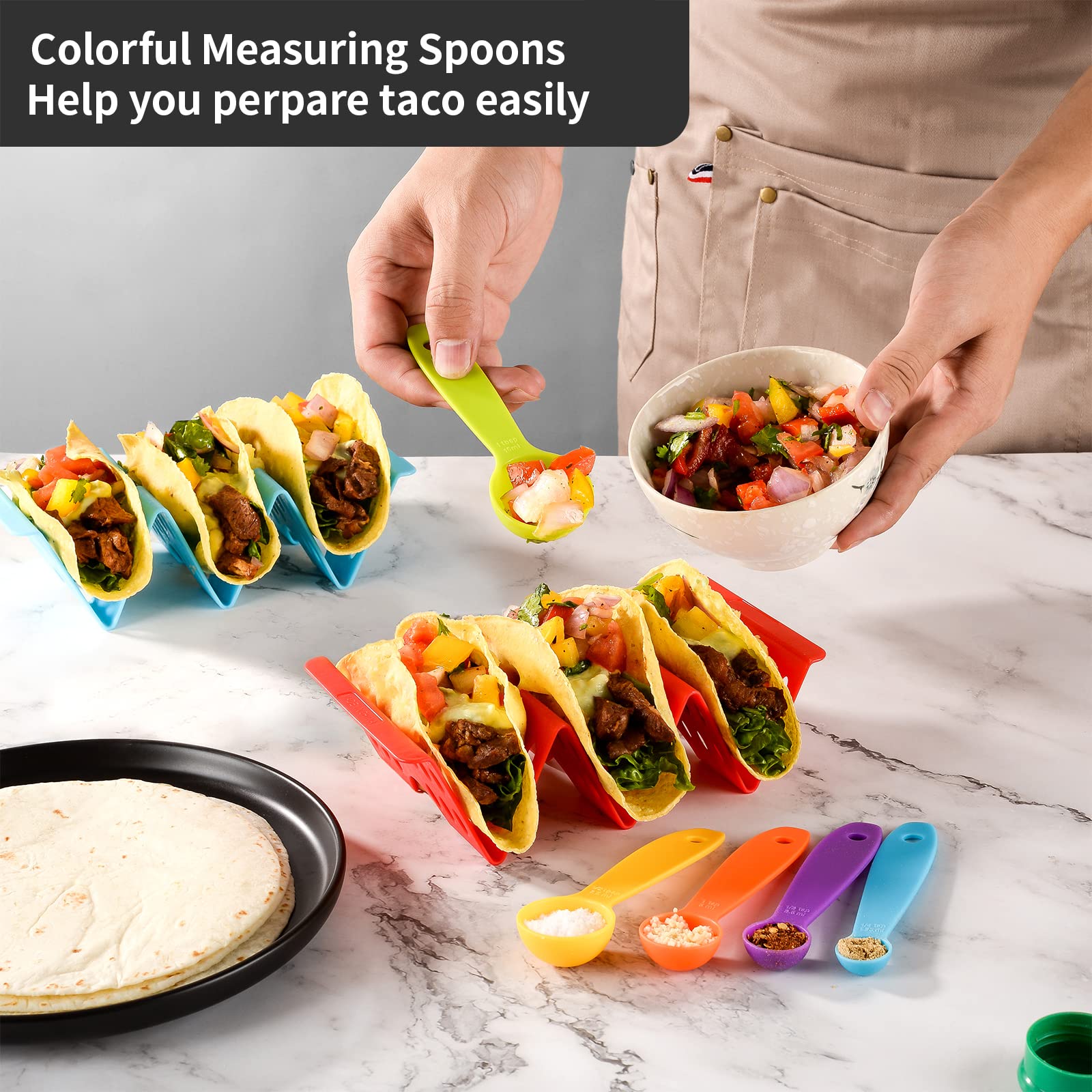 Aofure taco holders color assortment keeps tacos upright and visually appealing.