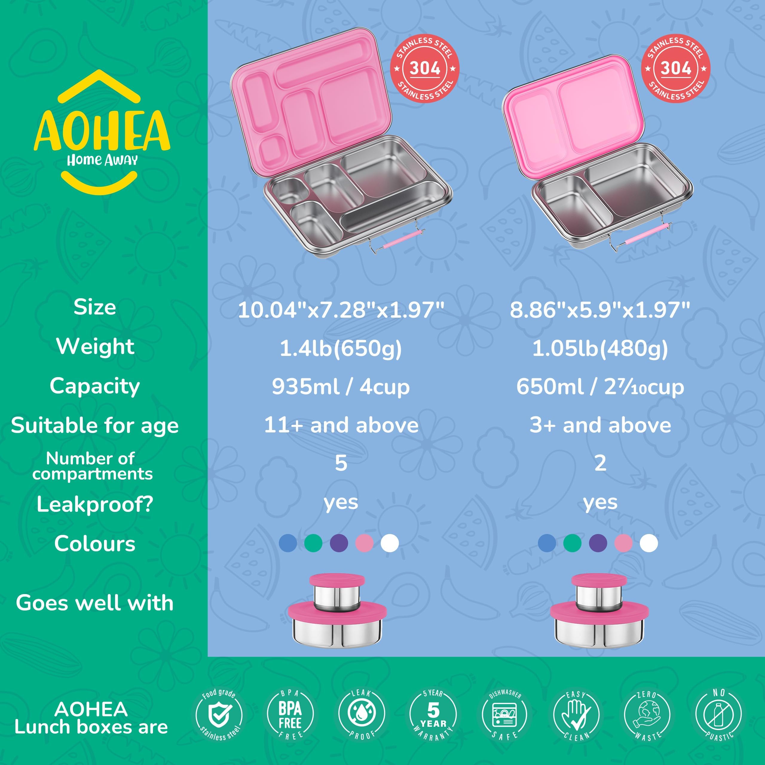 AOHEA bento box kids pink leakproof accessories prevent spills during school lunches.