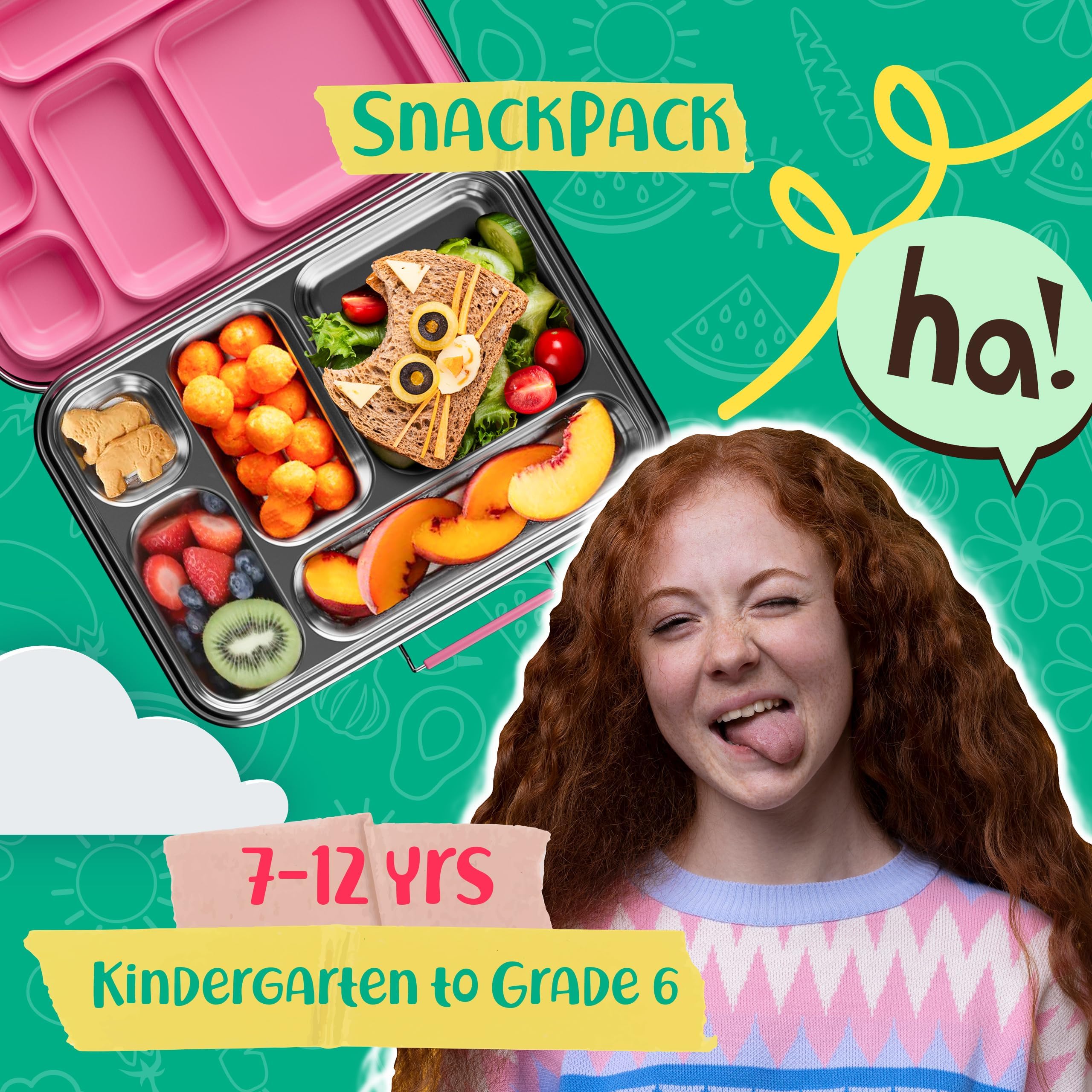 AOHEA bento box kids pink lid open showing five compartments for separated meals.