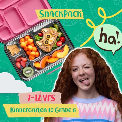 AOHEA bento box kids pink lid open showing five compartments for separated meals.