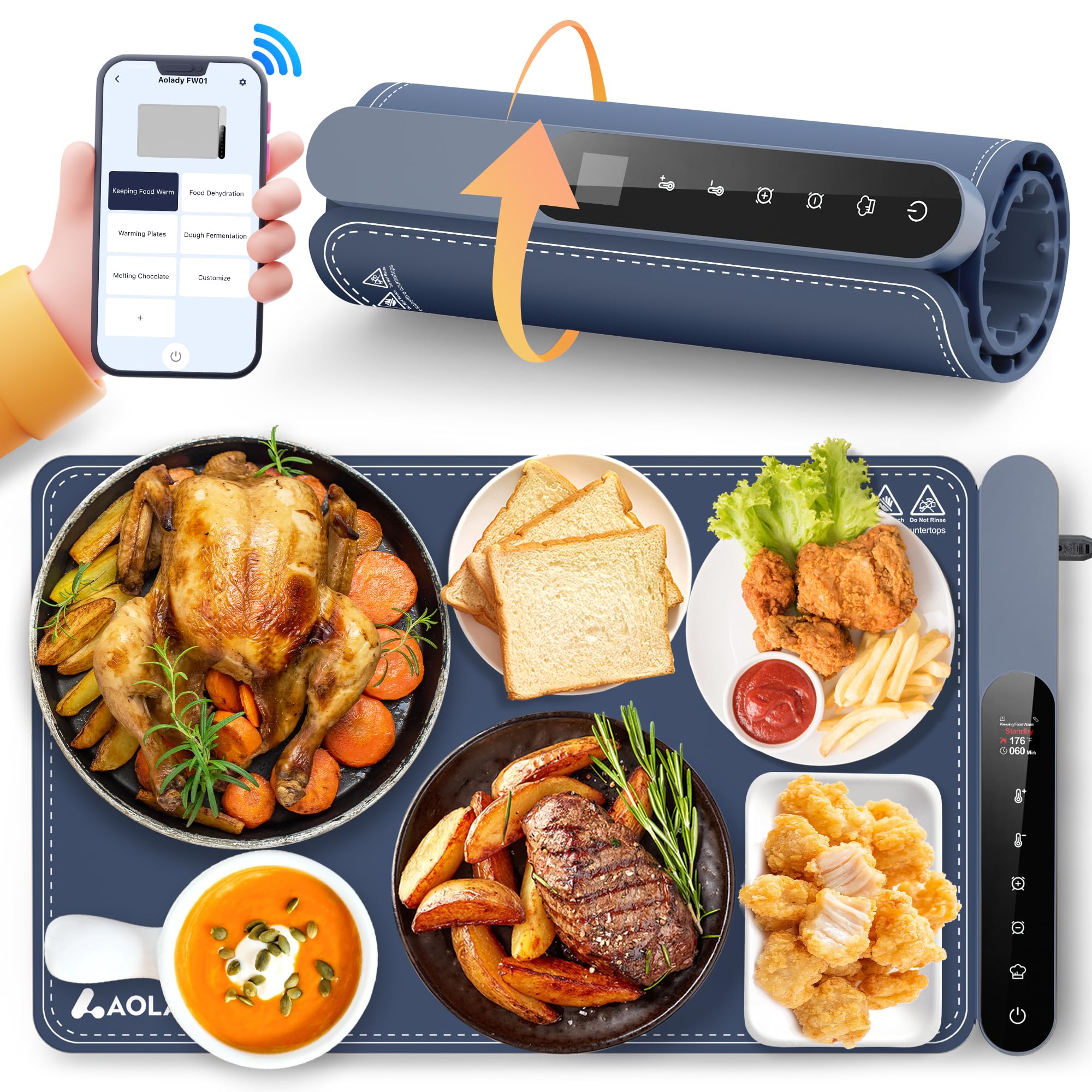 AOLADY food warming mat on a countertop keeps dishes warm for gatherings.