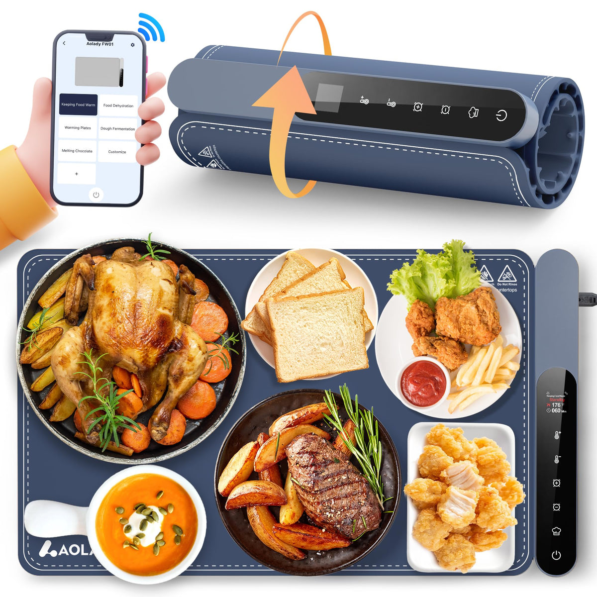 AOLADY food warming mat on a countertop keeps dishes warm for gatherings.