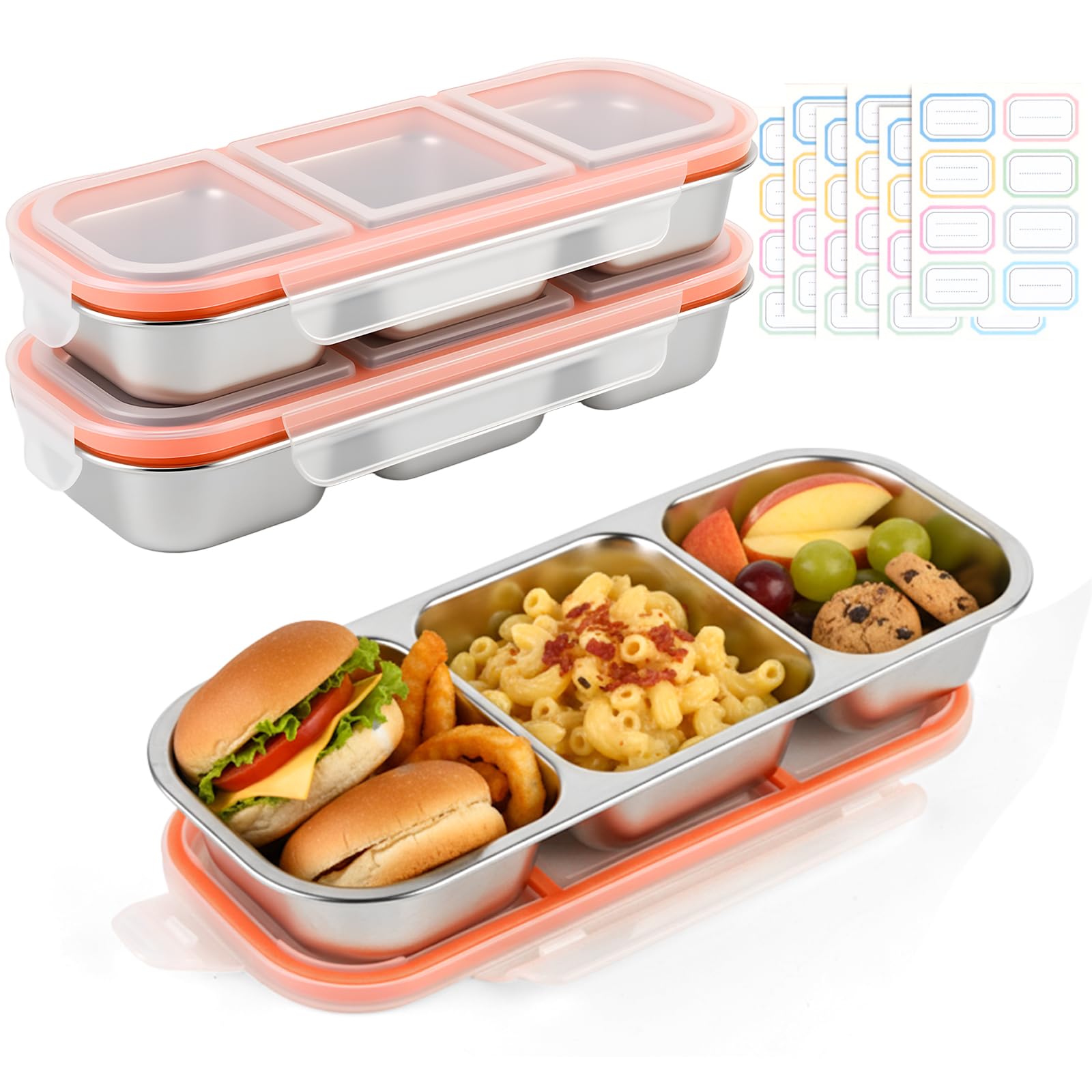 Aomeskoitoy 2-pack stainless steel snack containers with three compartments for organized meals.