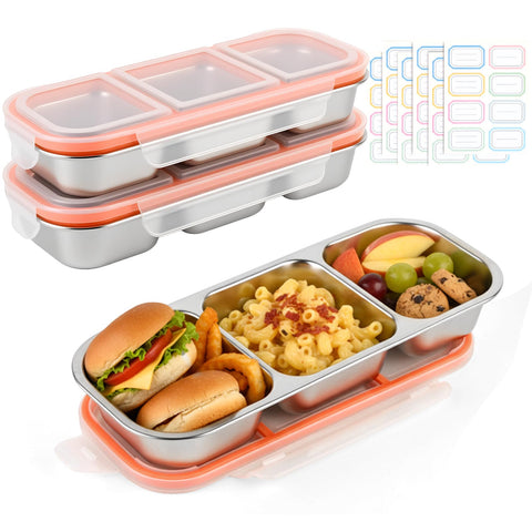 Aomeskoitoy 2-pack stainless steel snack containers with three compartments for organized meals.