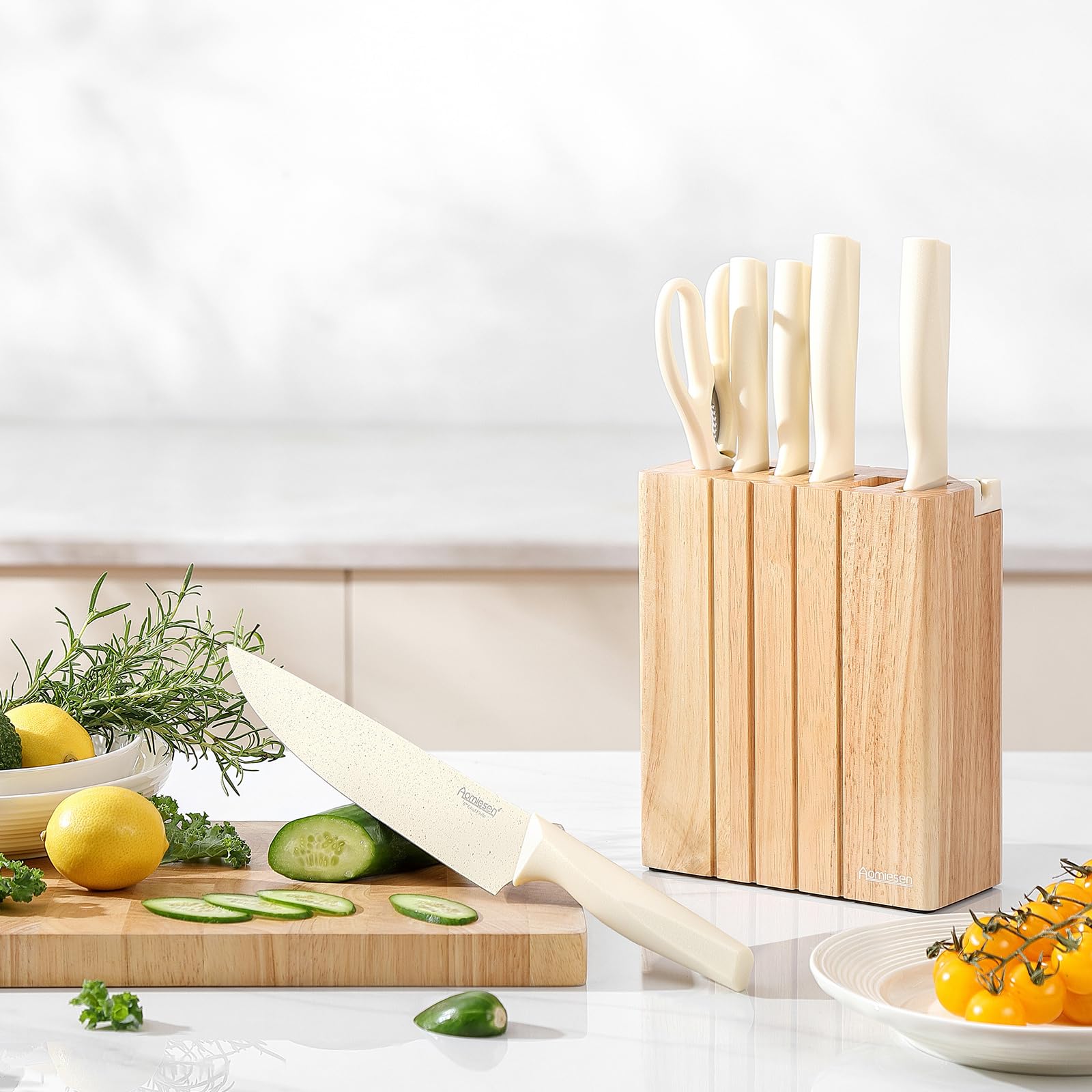 Aomiesen 5-inch utility knife in action for versatile kitchen tasks.