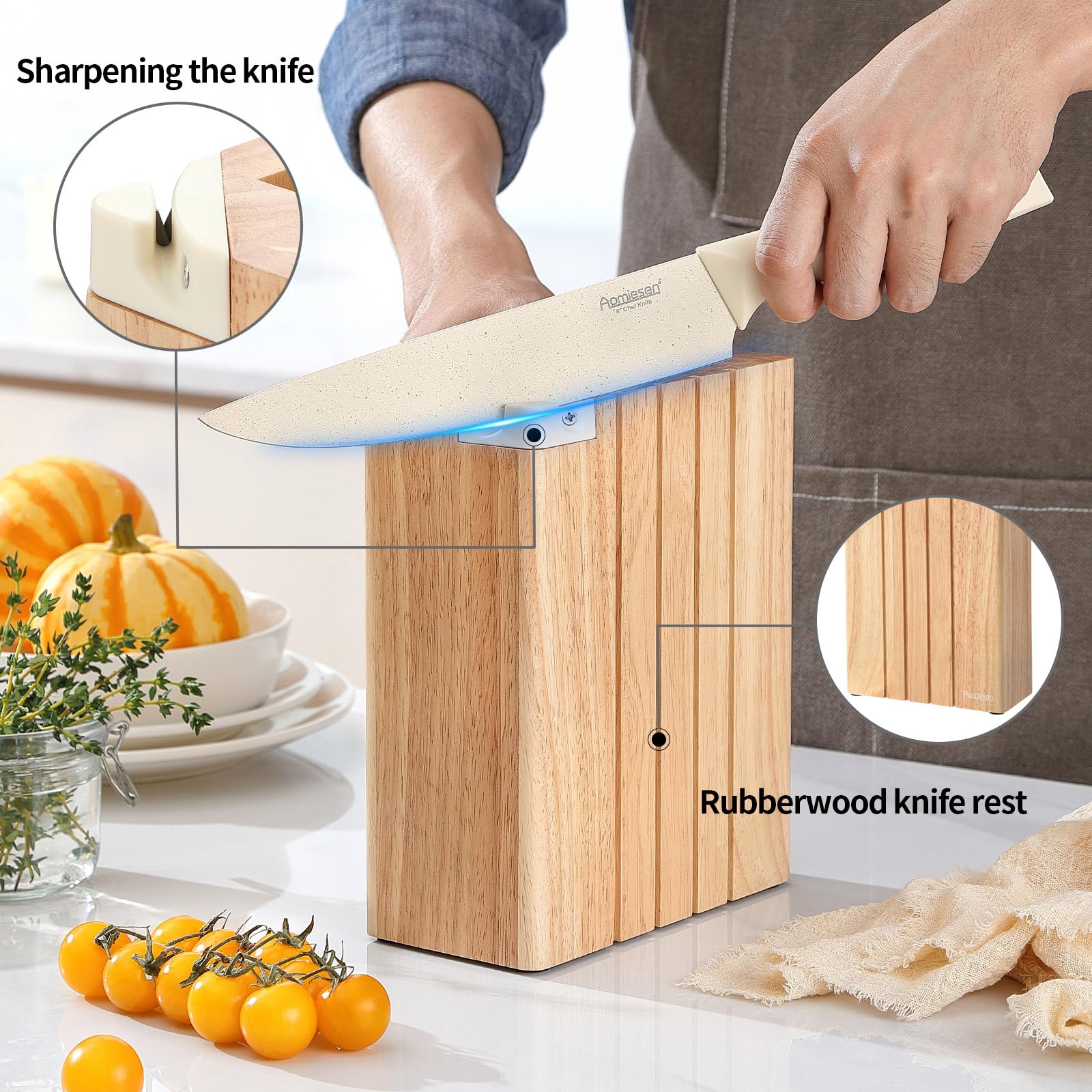 Aomiesen 8-inch chef knife blade close-up highlighting sharp edge and durable steel.