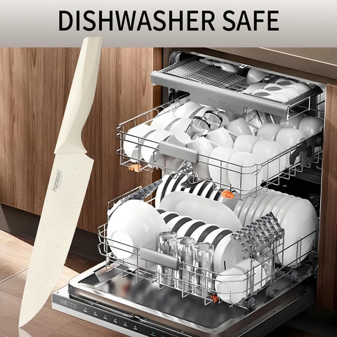 Aomiesen dishwasher-safe knives arranged neatly for simple cleanup.