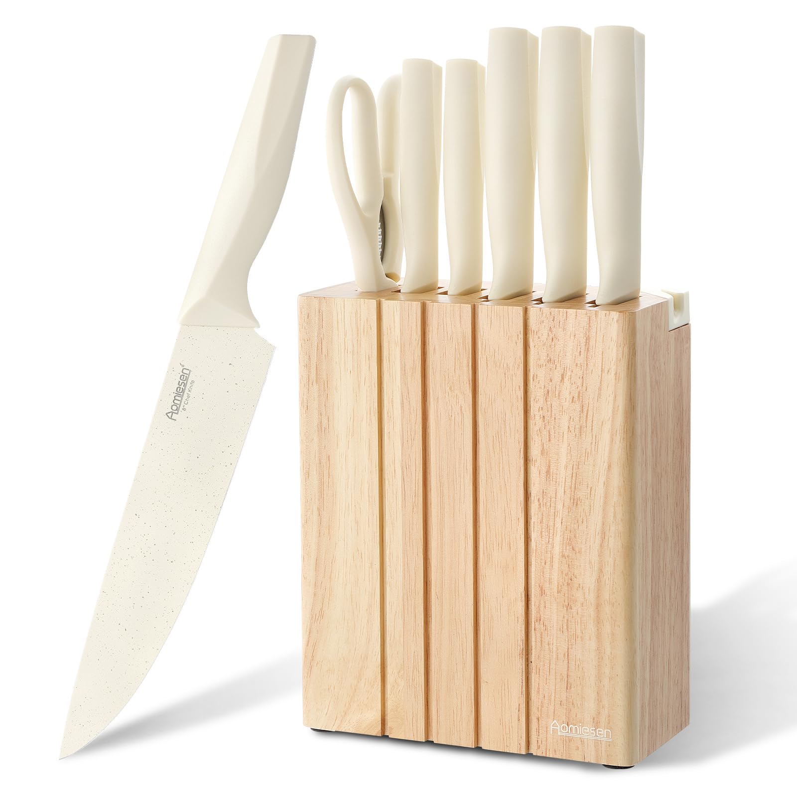 Aomiesen premium 8-piece knife set displayed in block for organized counter storage.