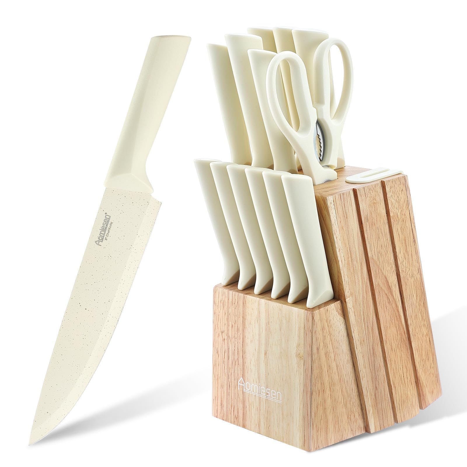 Aomiesen knife set with built-in sharpener and block, premium chef knife ready for prep
