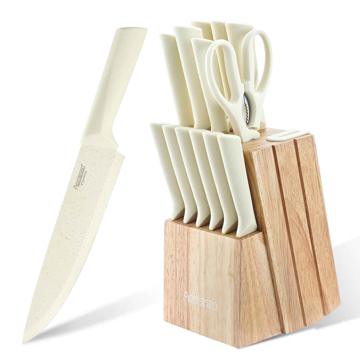 Aomiesen knife set with built-in sharpener and block, premium chef knife ready for prep