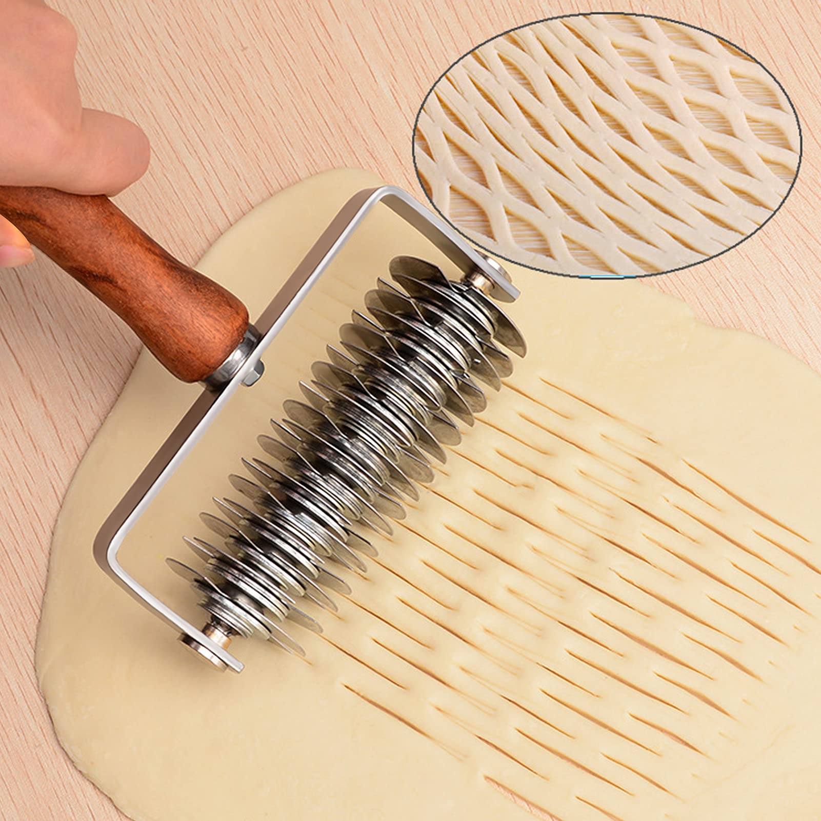 Aonagi dough roller in action creating consistent lattice patterns for tarts and pies.
