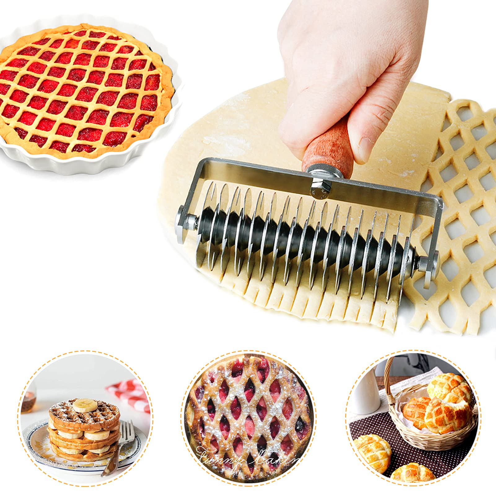 Aonagi lattice roller cutter with wood handle for precise pie crust lattice.