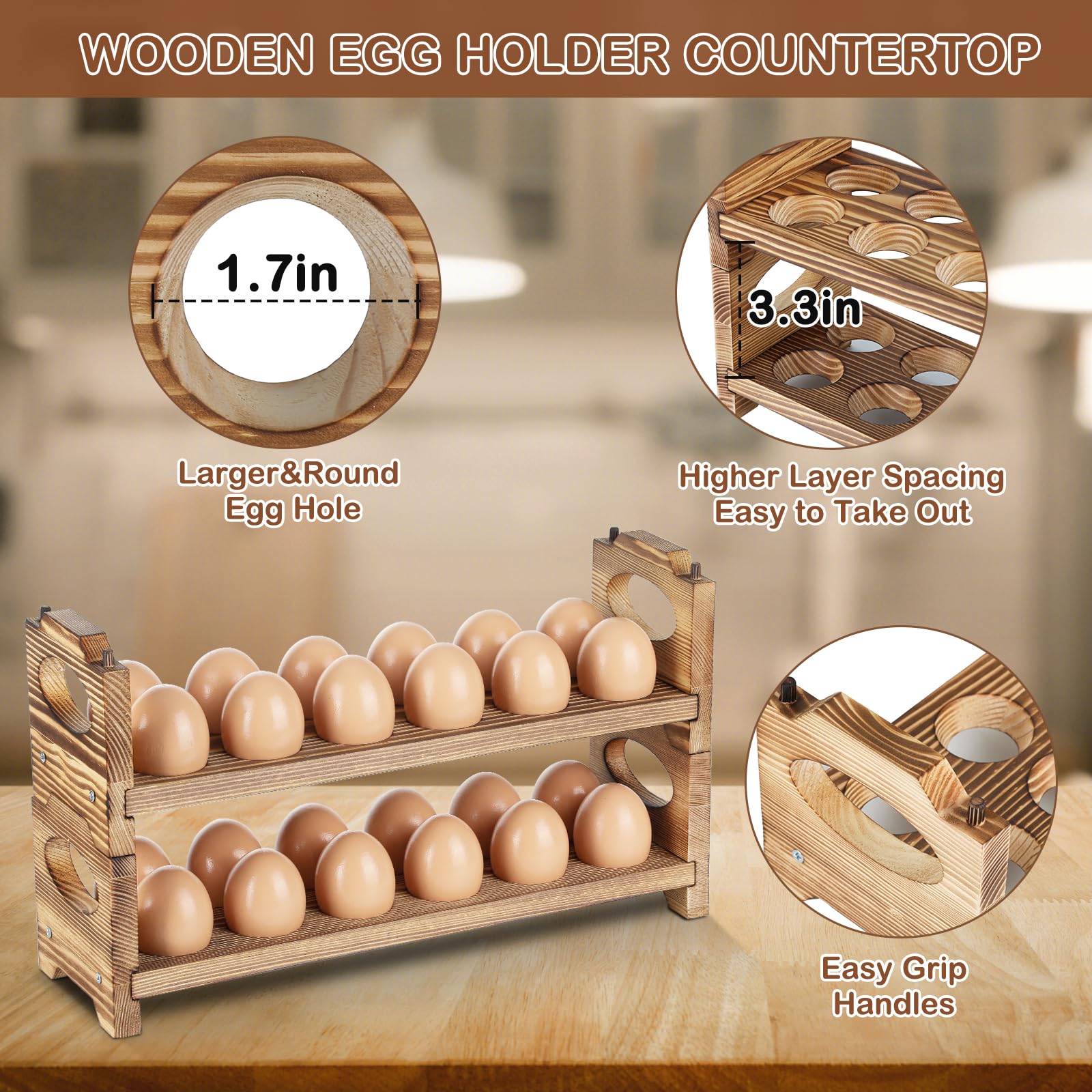 AOOHOOA farmhouse egg display featuring rustic wooden rack with eggs.