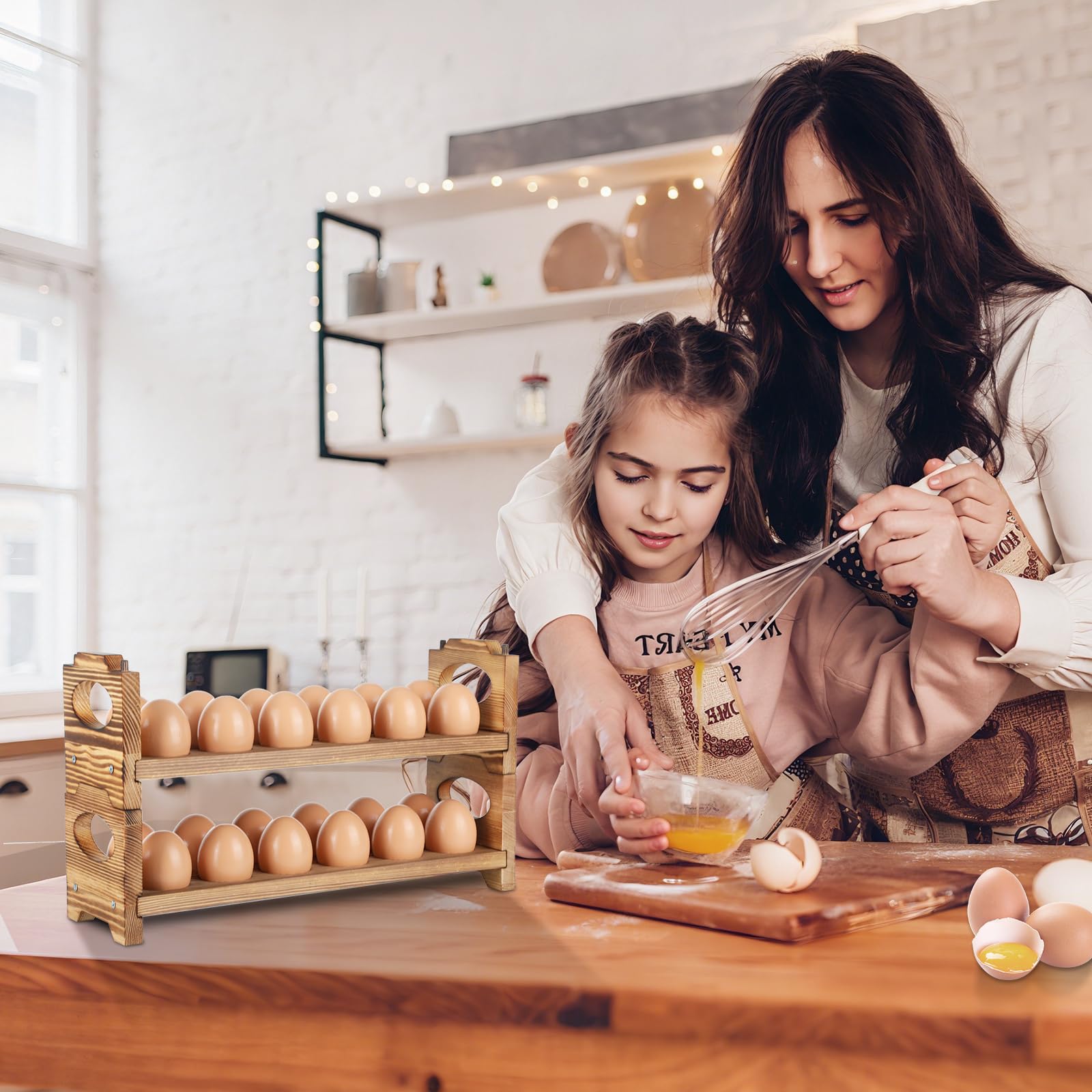 AOOHOOA two-tier egg rack with handle shown on countertop.