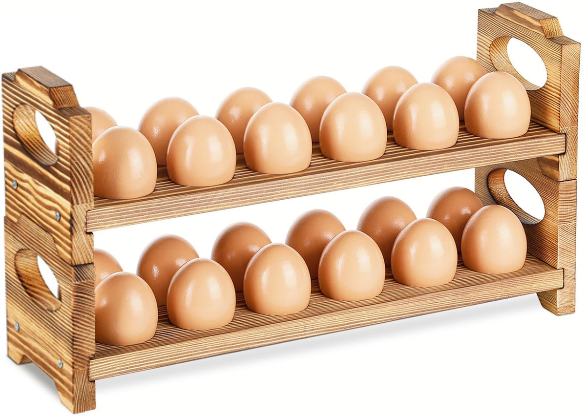 AOOHOOA wooden egg holder assembly view with two-tier design for easy setup.