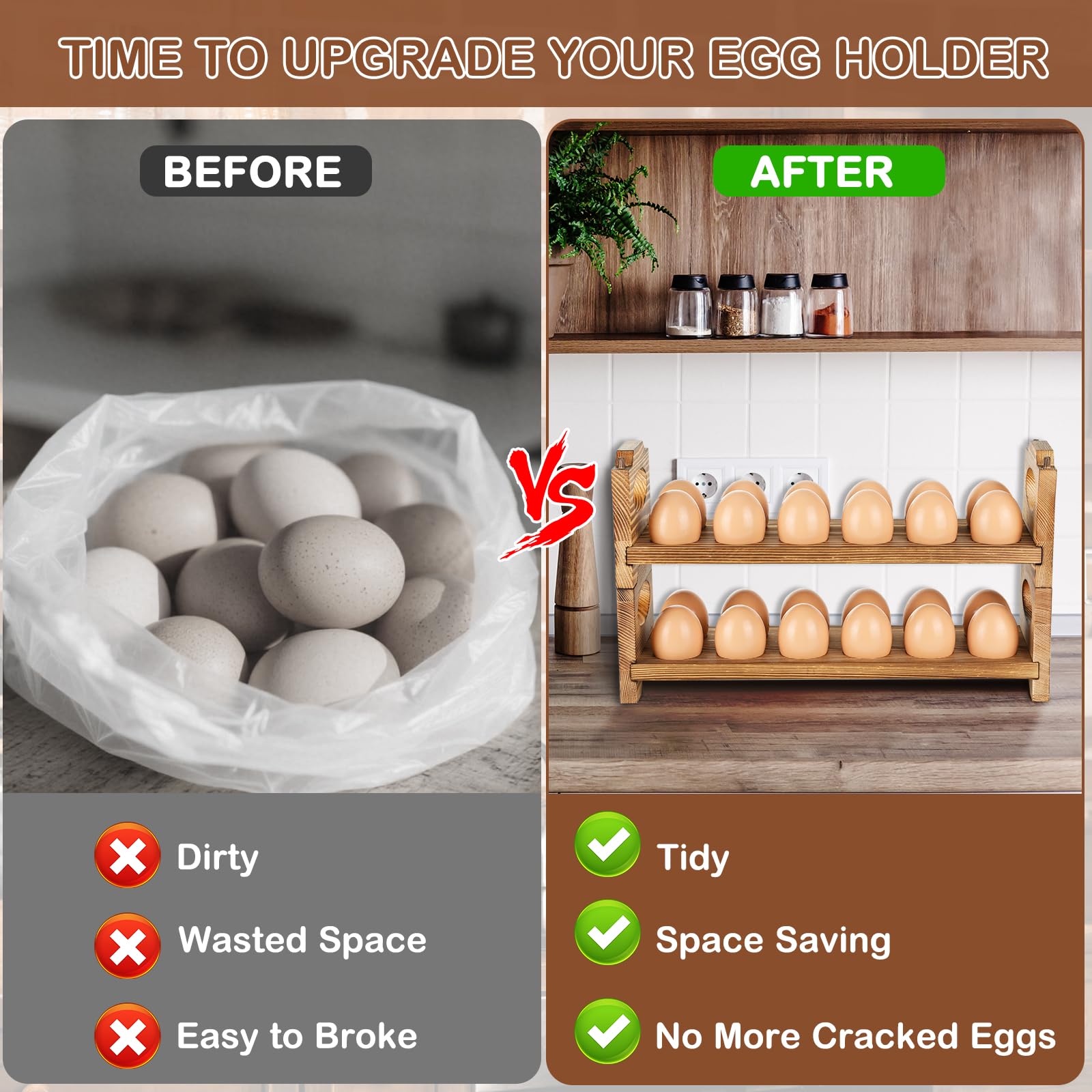 AOOHOOA 24-hole wooden egg storage close-up highlighting secure fit.