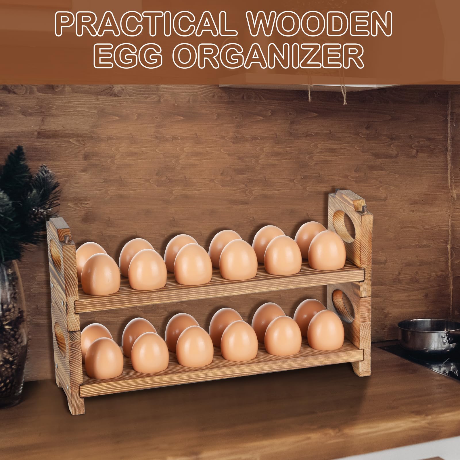 AOOHOOA wooden egg storage unit on kitchen counter with ample space.