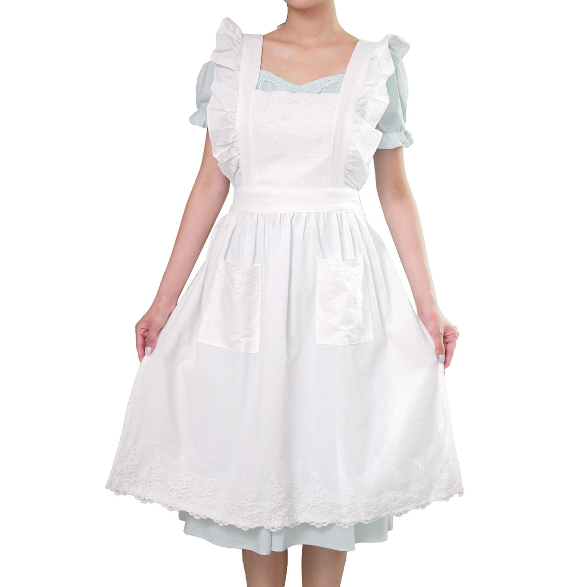 Aoomzoon vintage apron front view in white, soft cotton for daily cooking comfort.