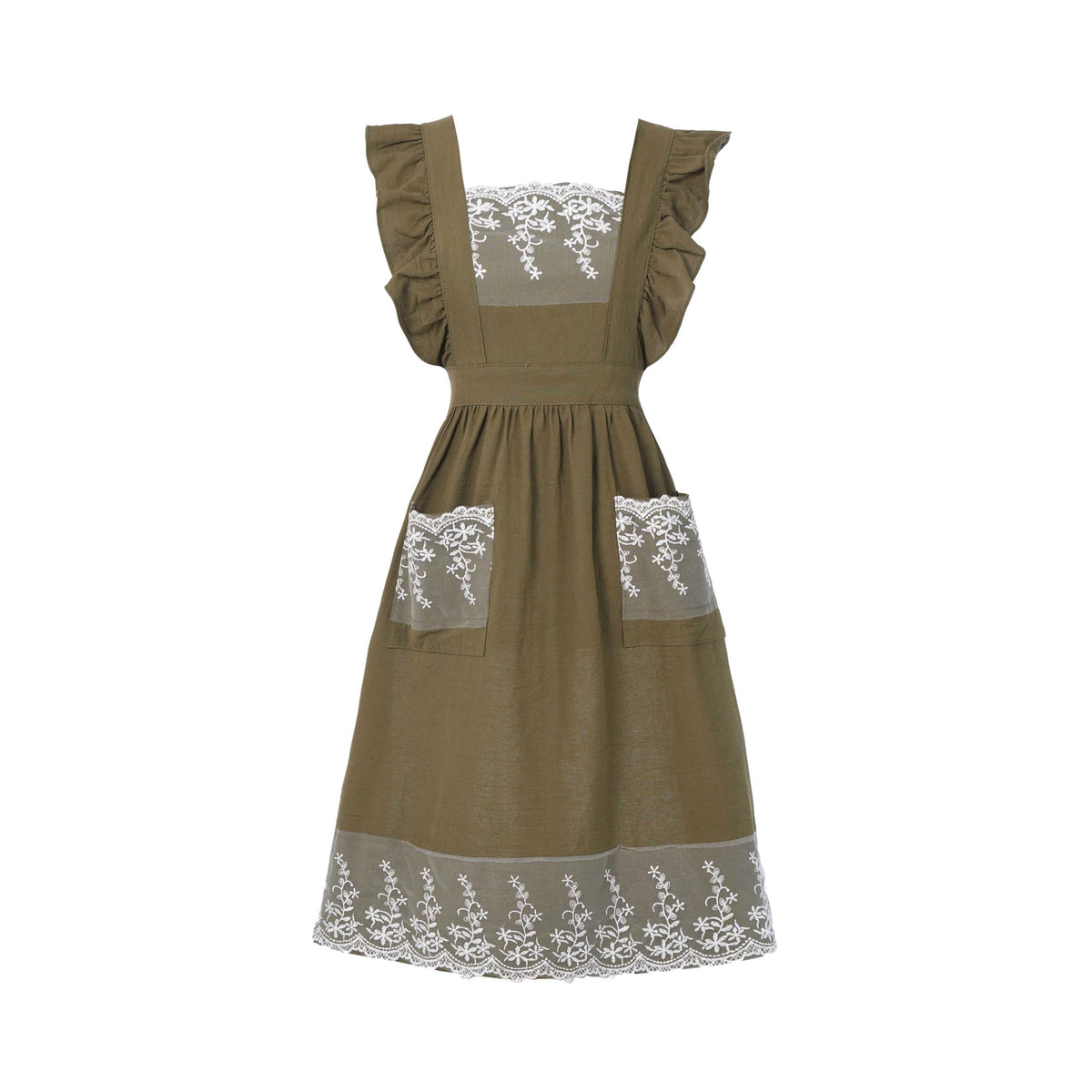 Aoomzoon vintage apron with pockets in army green keeps tools and phone within reach.