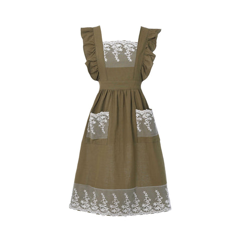 Aoomzoon vintage apron with pockets in army green keeps tools and phone within reach.