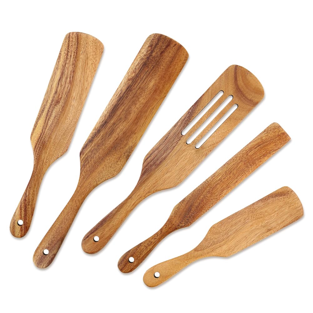 AOOSY spurtle set with large flat spatula showcases smooth, durable acacia wood for easy stirring.
