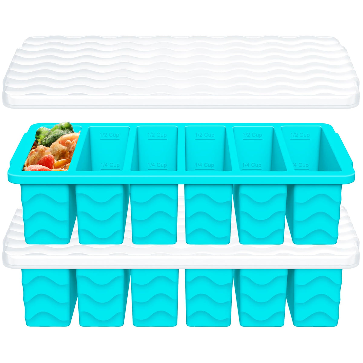Aopigavi 2-pack silicone freezer molds with lids for easy portioning and freshness.