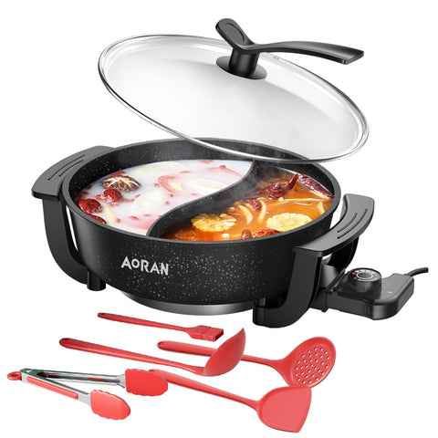 AORAN 6L electric hot pot with dual chambers for simultaneous Shabu Shabu and fondue.
