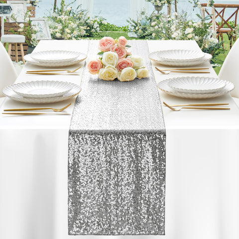 Aormenzy silver sequin runner reflects light for a festive party decor.
