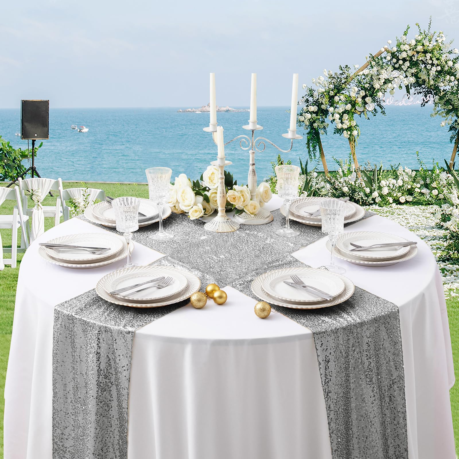Aormenzy silver sequin runner enhances baby showers and birthdays with glamour.