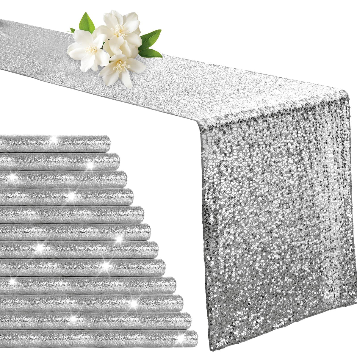 Aormenzy silver sequin table runner shimmering to elevate dining ambience.