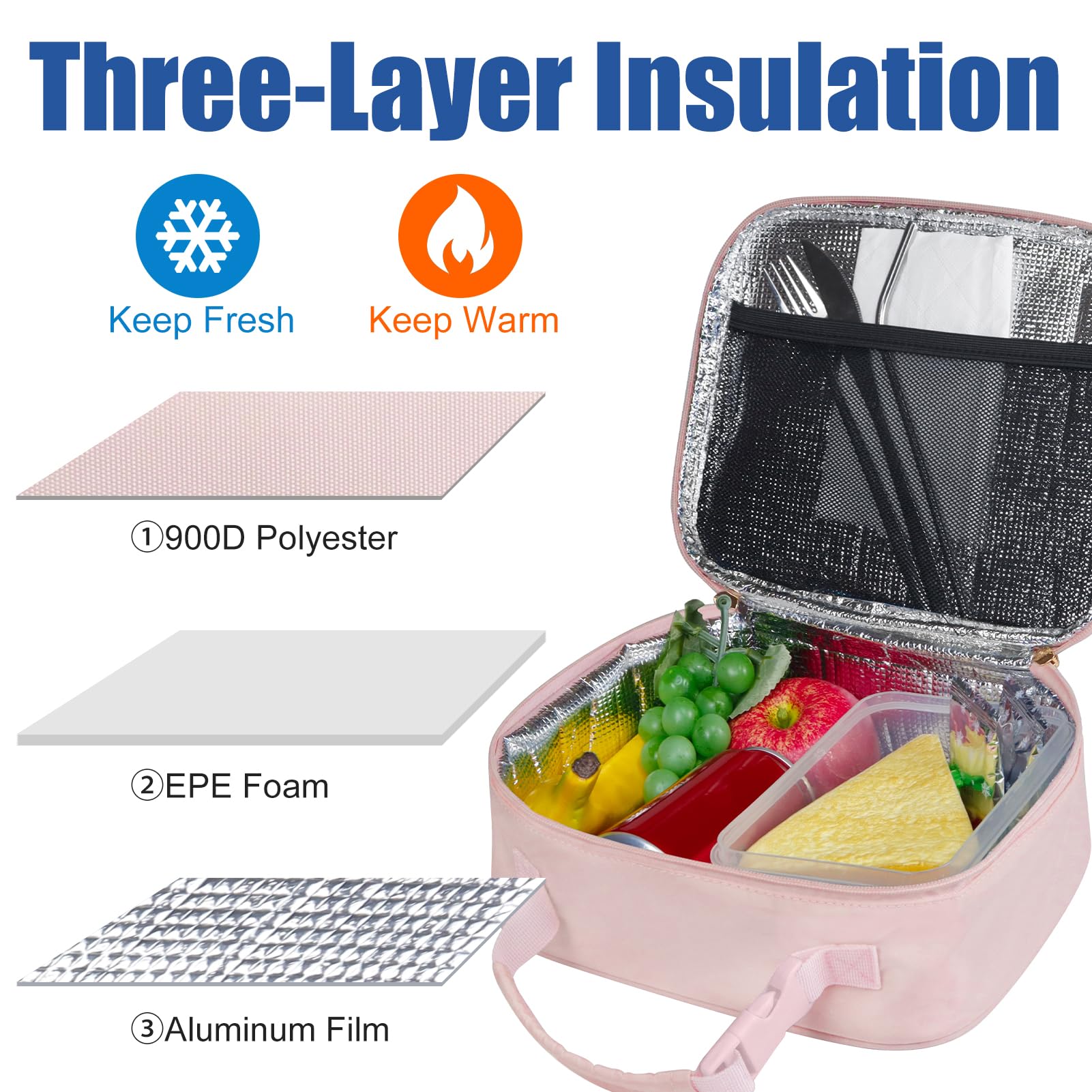 Aosbos pink insulated lunch bag side view showing compact size for daily portability