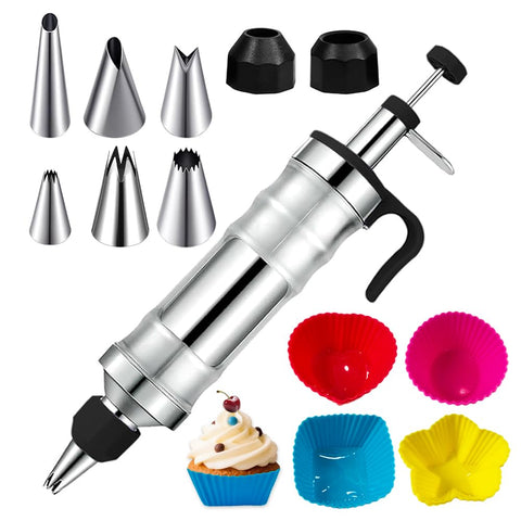 AOSHIDINGSHUO dessert syringe filling injector enables precise icing control on cakes.