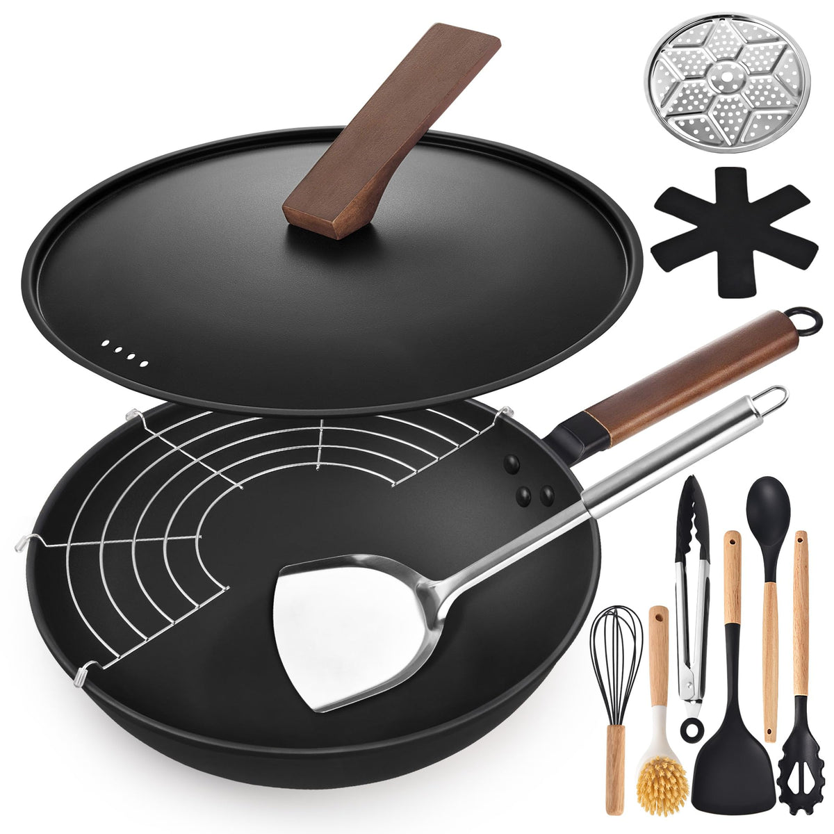 AOSION 13 inch carbon steel wok with lid for high heat stir fry at home